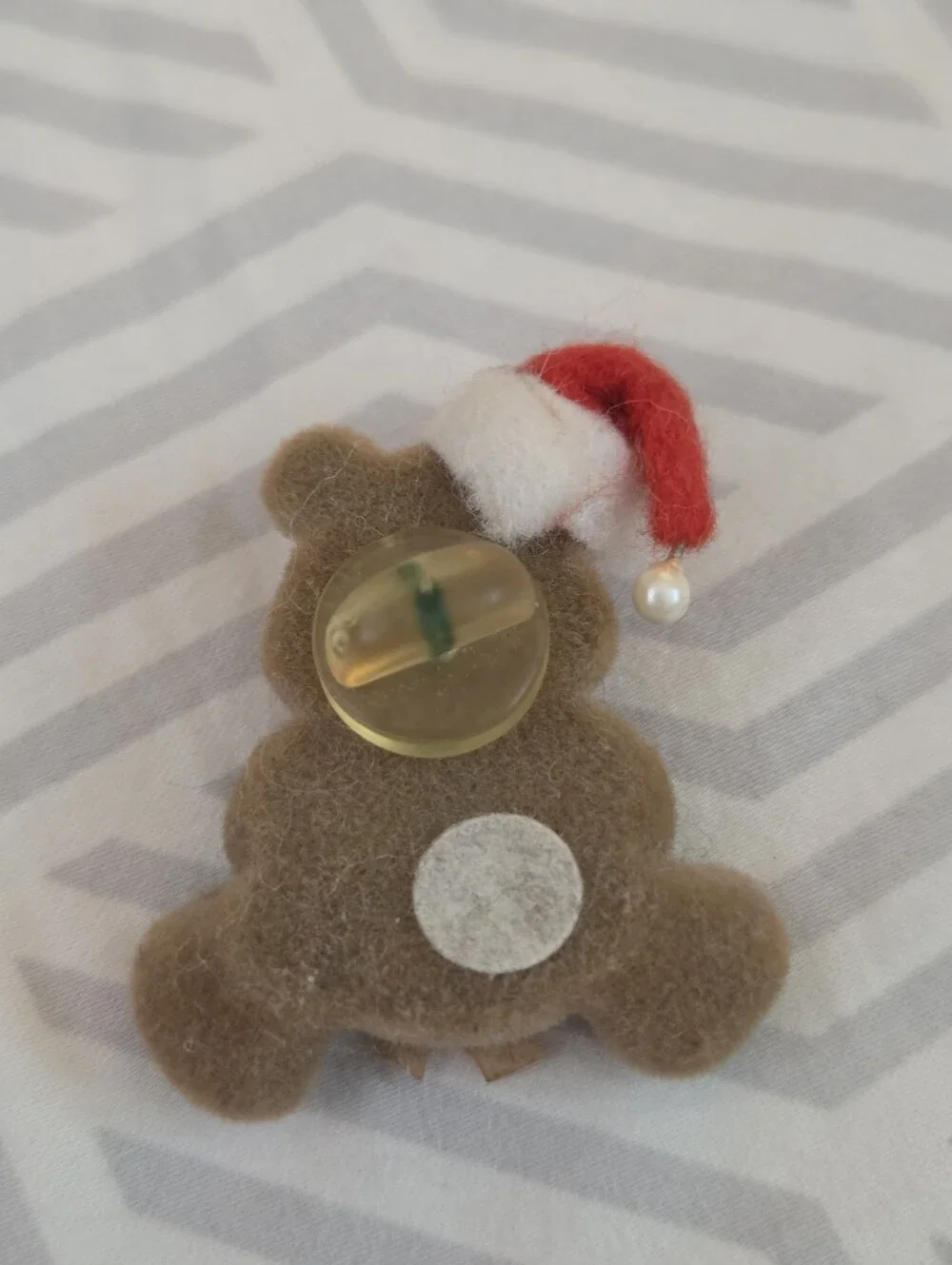 Vintage 1980s flocked fuzzy teddy bear Christmas pin